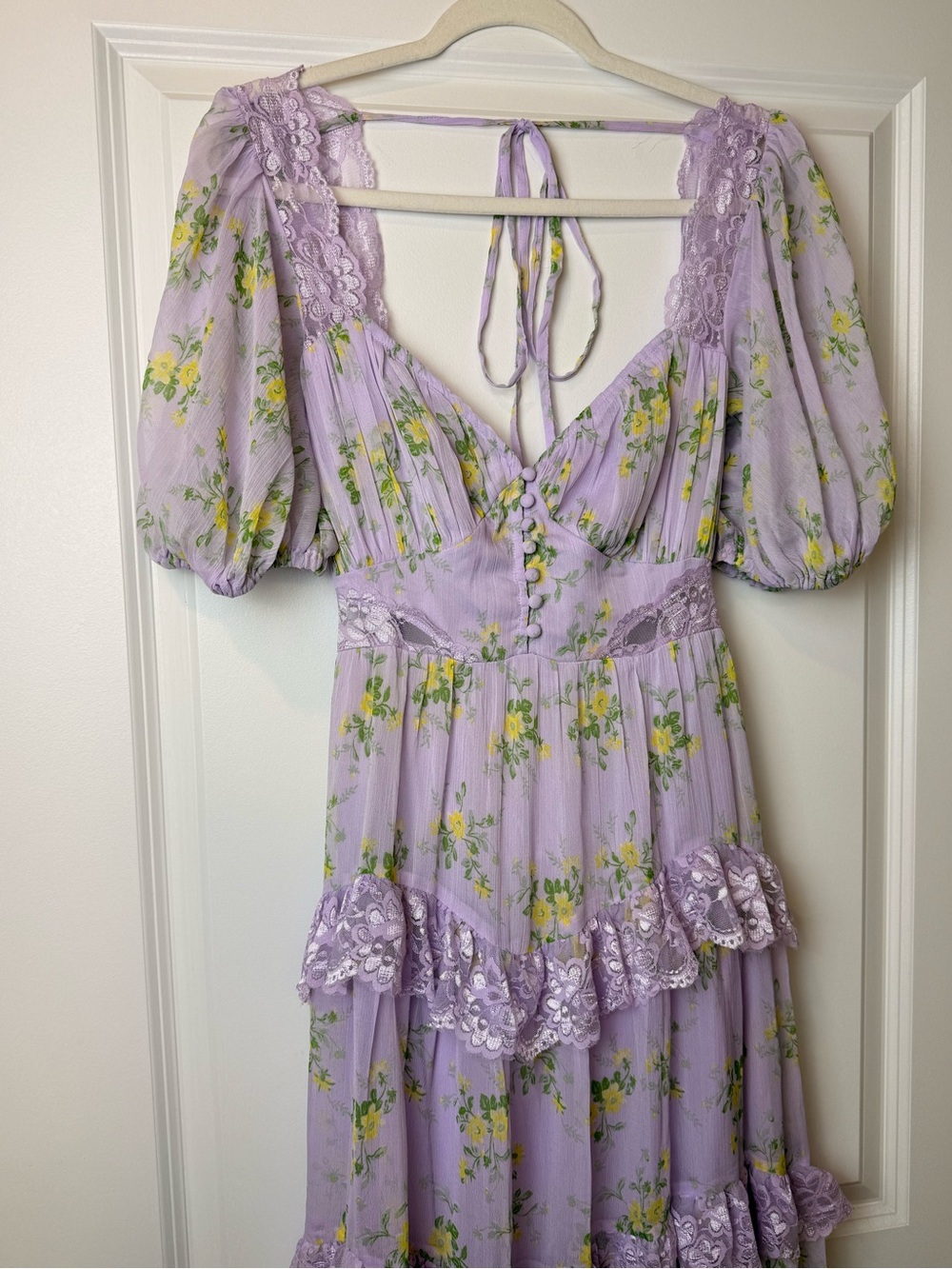 ASOS DESIGN Open Back Lace Insert Midi Tea Dress in Lilac Ditsy Floral US 6 - Picture 7 of 13